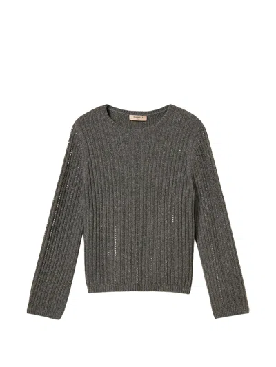 Twinset Rhinestone-embellished Ribbed-knit Sweater In Grey
