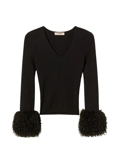 Twinset Rib Knit Jumper With Faux Fur In Black