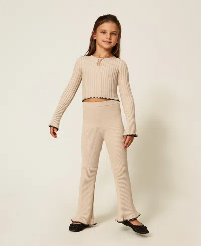 Twinset Kids' Rib Knit Trousers With Embroidery In Neutral