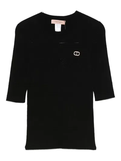 Twinset Ribbed Embellished Top In Black