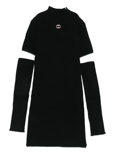 Twinset Kids' Ribbed High-neck Dress In Black