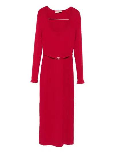 Twinset Ribbed-knit Belted Dress In Red