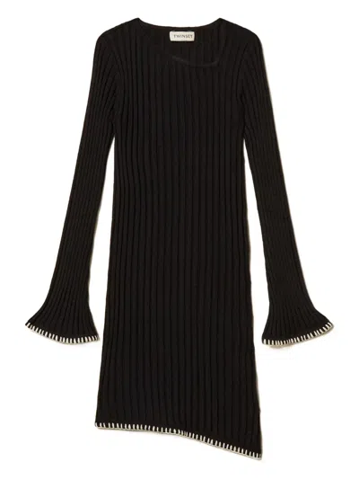 Twinset Kids' Ribbed Knit Dress In Black