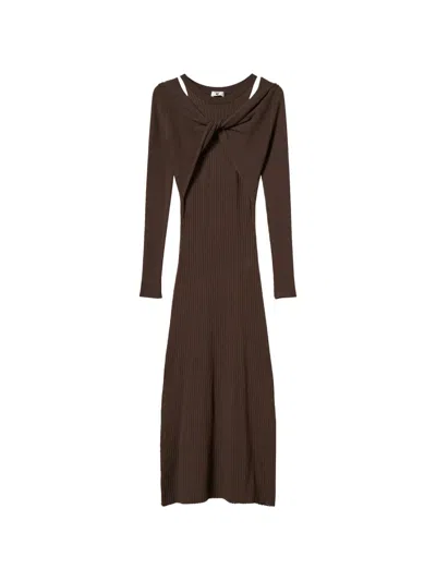 Twinset Ribbed Knit Long Dress In Brown