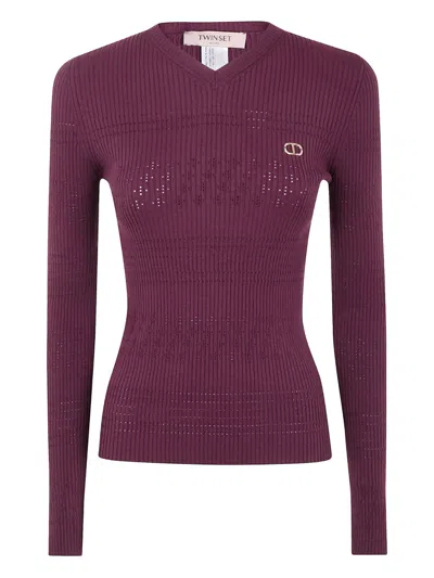 Twinset Ribbed Knit Sweater With Subtle Perforated Detailing In Purple