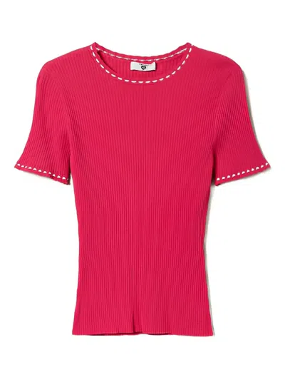 Twinset Ribbed-knit T-shirt In Pink