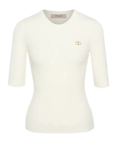 Twinset Ribbed Knitted Sweater In White
