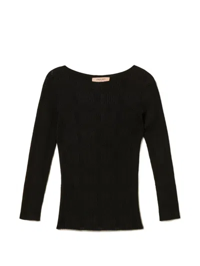 Twinset Ribbed Long-sleeve Knitted T-shirt In Black