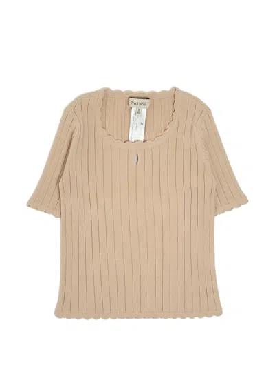 Twinset Kids' Ribbed Scalloped-edge Top In Neutral