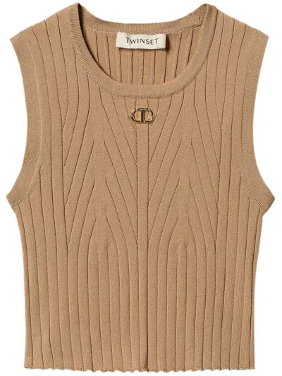 Twinset Kids' Ribbed Tank Top In Beige