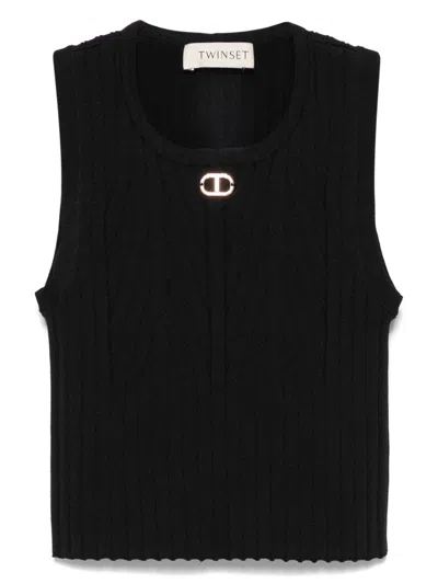 Twinset Kids' Ribbed Top In Black