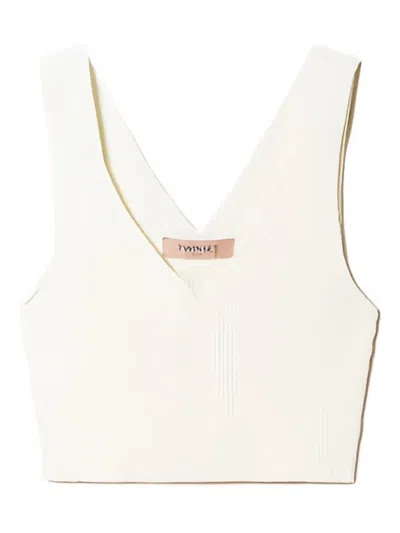 Twinset Ribbed V-neck Top In White