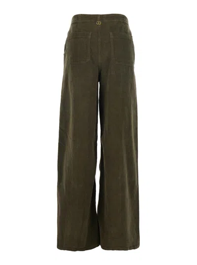 Twinset Ribbed Velvet Straight-leg Pants With Belt Loops In Green