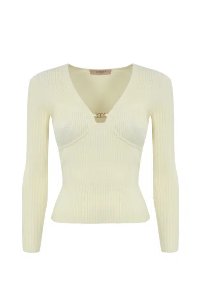 Twinset Ribbed Viscose Sweater With Oval-t In Cream