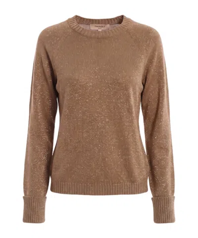 Twinset Ribbed-knit Crew-neck Top In Brown