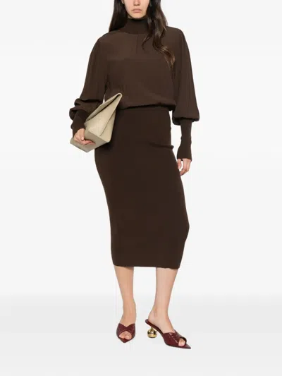 Twinset Ribbed-knit High-neck Midi Dress In Brown