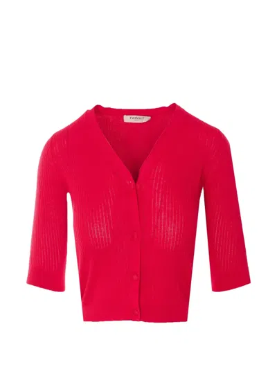 Twinset Ribbed-knit V-neck Cardigan In Red