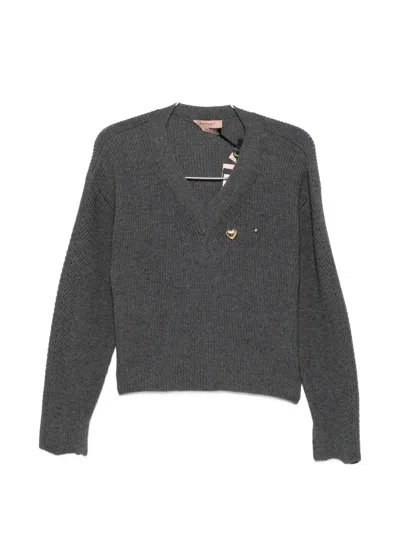 Twinset Ribbed-knit V-neck Sweater In Gray