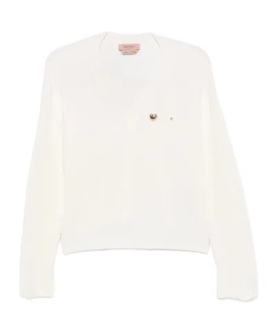 Twinset Ribbed-knit V-neck Sweater In White