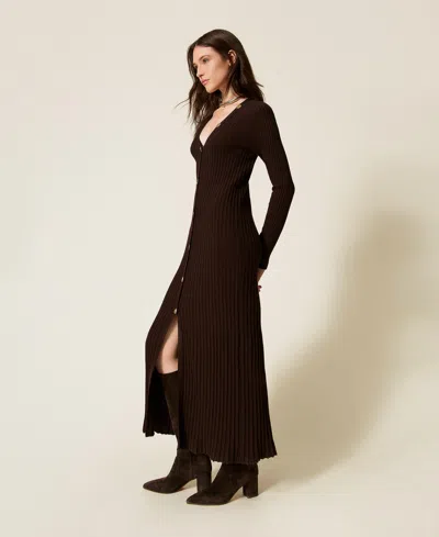 Twinset Long Wool Blend Rib Knit Cardigan Dress In Brown
