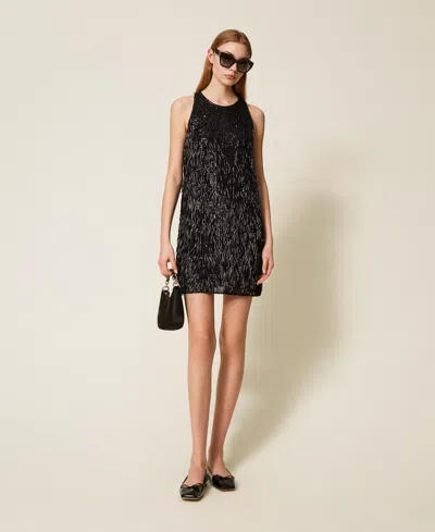 Twinset Robe Courte Avec Franges De Sequins In Multi