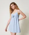 Twinset Short Chambray Dress With Rose Appliqué In Blue