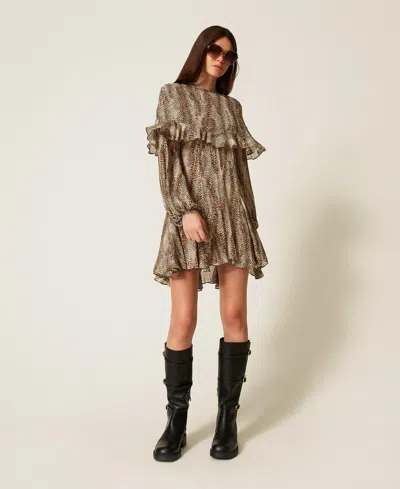 Twinset Robe Courte En Crépon Animalier In Brown
