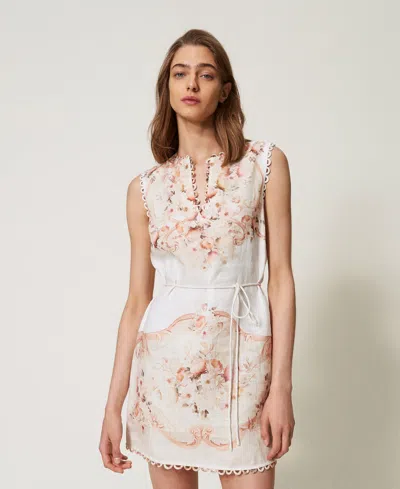 Twinset Robe Courte En Lin Imprimé In Multi