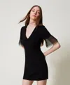 Twinset Short Knit Dress With Tulle Ruffles In Black