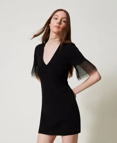 Twinset Robe Courte En Maille Avec Volants En Tulle In Black