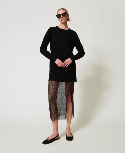 Twinset Robe Courte En Maille Et Jupe En Dentelle In Black