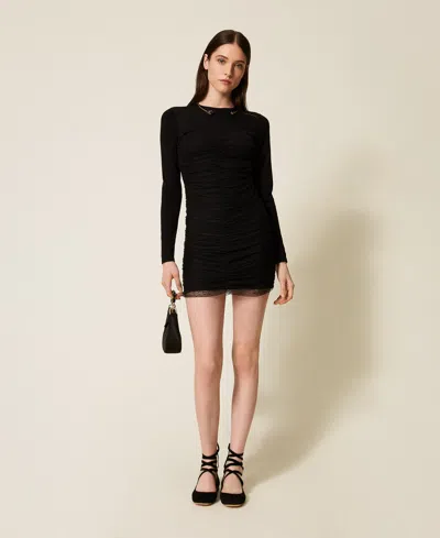 Twinset Robe Courte En Maille Et Tulle In Black