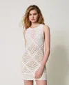 Twinset White Dress With Knitted Design And All-over Floral Embroidery In Multi