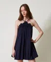 Twinset Robe Courte En Mousseline Avec Fleurs Brodées In Blue