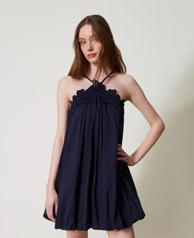 Twinset Robe Courte En Mousseline Avec Fleurs Brodées In Blue