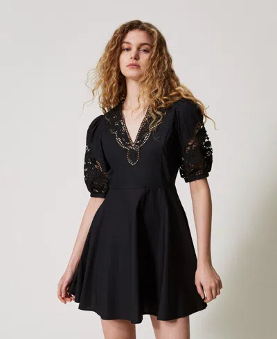 Twinset Robe Courte En Popeline Avec Broderies Anglaises In Black