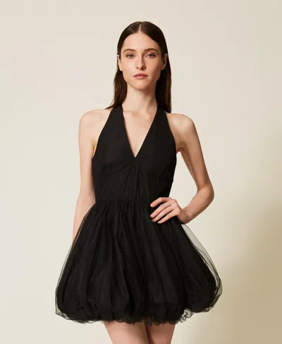 Twinset Robe Courte En Taffetas Et Tulle In Black