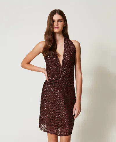 Twinset Robe Courte En Tulle Avec Sequins In Red
