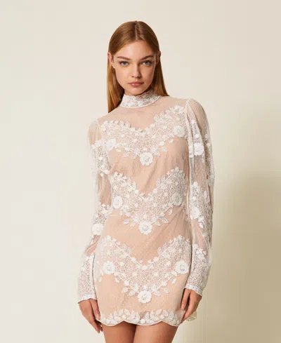 Twinset Robe Courte En Tulle Et Dentelle In White