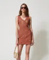 Twinset Short Sleeveless Crochet Knit Dress In Brown