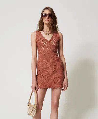 Twinset Robe Courte Sans Manches En Maille Crochet In Brown