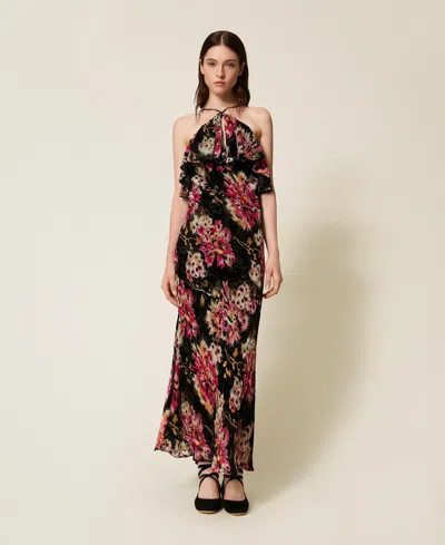 Twinset Robe En Mélange De Velours Et Soie Avec Fleurs In Black