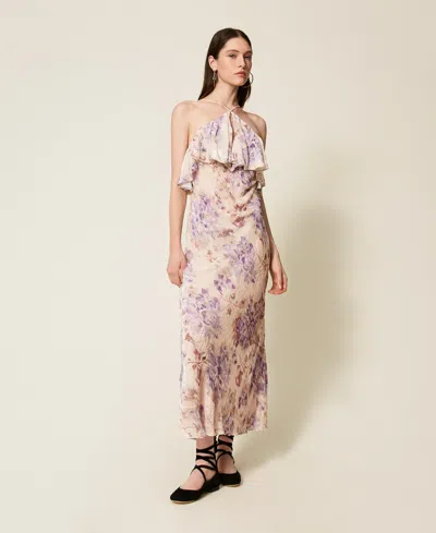 Twinset Robe En Mélange De Velours Et Soie Avec Fleurs In Multi