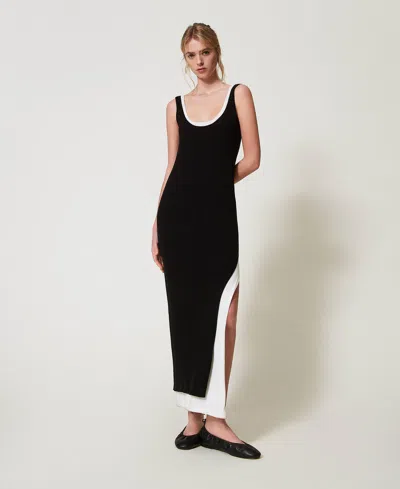 Twinset Robe Longue Ajustée En Maille Trompe-l'ail In Black