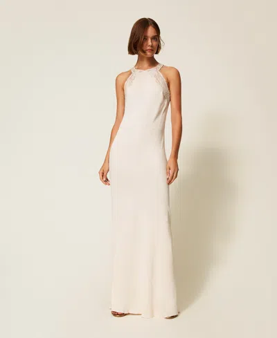 Twinset Robe Longue Américaine En Satin Avec Broderie In Neutral