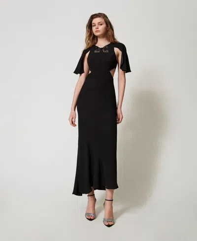 Twinset Robe Longue Avec Découpes Et Broderie Papillon In Black