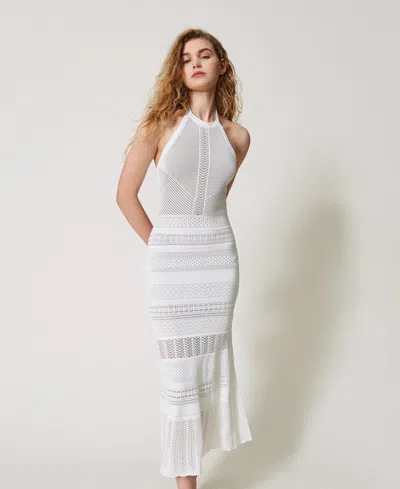 Twinset Robe Longue Avec Encolure Américaine En Maille Ajourée In White