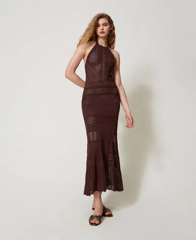 Twinset Robe Longue Avec Encolure Américaine En Maille Ajourée In Brown