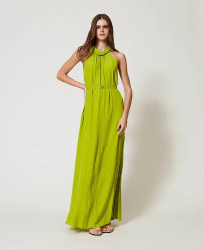 Twinset Robe Longue Avec Encolure Américaine Et Ceinture In Green