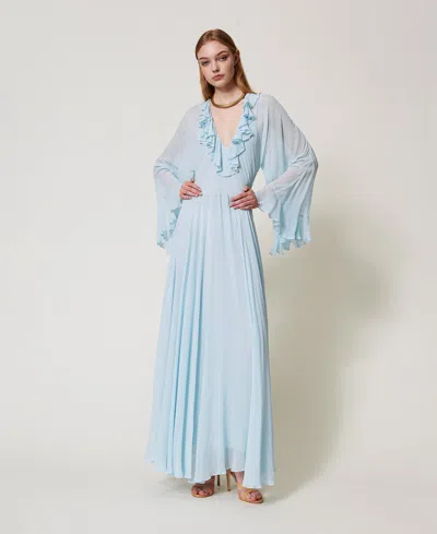 Twinset Robe Longue « Capri » En Crêpe Georgette Avec Volant In Blue